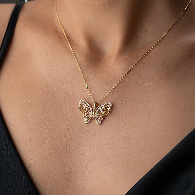 925 Ayar Gümüş Kelebek Kolye – Zarif Taşlı Kelebek Figürlü Altın Kaplama Kolye - 3